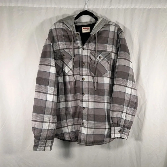 Wrangler Jacket Men's Large Medium Grey Plaid Button Up Hooded Drawstring - Picture 1 of 8